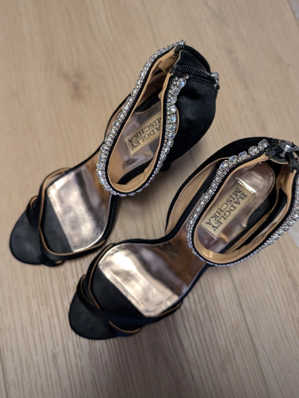 Badgley Mischka Black Satin Open-Toe Heels with Crystal Trim
